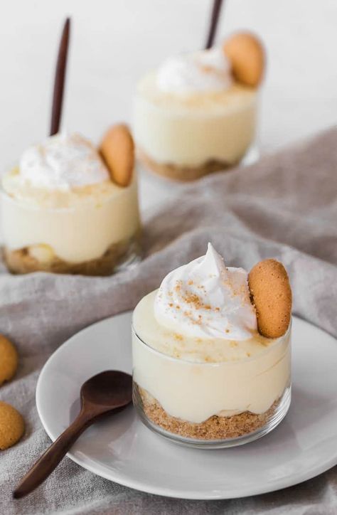 Banana Pudding Mini Desserts in Cups Recipe - Celebrations at Home Mini Desserts In A Cup, Banana Pudding Shooters Recipe, Mini Truffle Desserts, Desserts In Cups Mini, Mini Desserts In Cups, Dessert In Cups, Pudding Parfait Cups, Mini Desserts For Parties In Cups, Desserts In Cups