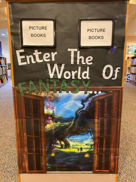 Summer reading library display. Fantasy display. Door.  Fantasy. Library. Book. End cap. Fantasy Book Display, Dnd Classroom, Fantasy Classroom, Fantasy Door, Fantasy Library, 2024 Classroom, School Library Decor, Elementary Classroom Themes, Enchanted Forest Theme