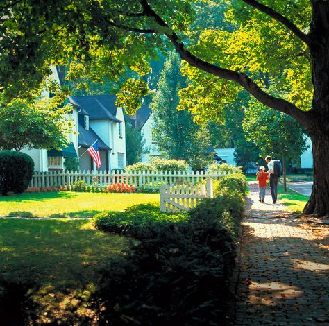 Father and son walking along sidewalk in typical American small town neighborhood. United States. Perfect Neighborhood Aesthetic, Neighborhood Reference, 50s Neighborhood, Sunny Neighborhood, Aesthetic Neighborhood, American Small Town, Cute Neighborhood, Neighborhood Aesthetic, Perfect Neighborhood