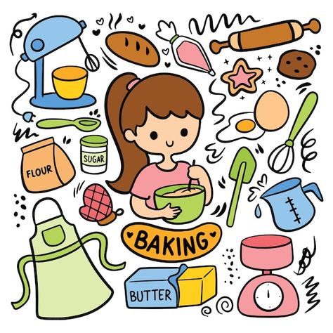 Kawaii hand drawn baking equipment doodl... | Premium Vector #Freepik #vector #kids-doodle #kids-elements #children-illustration #doodle-people Cooking Doodles Art, Baking Cute Illustration, Bake Drawing, Cooking Doodles, Baking Doodles, Money Doodle, Baking Illustration, Baking Drawing, Cooking Illustration