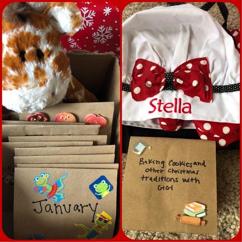 Grandma’s CHRISTmas Adventure Box Idea - The Gift Gift That Keeps Giving Month after Month!! 12 Months of adventures or experiences that are prepaid and preplanned for your kids or grandkids. I have listed the 12 things I will be doing with our granddaughter, Stella. I love this idea, because it is focused on spending time and making memories and not about just unwrapping gifts!! Adventure Christmas Gifts, Experience Box Ideas, 12 Month Gift Envelopes, Christmas Adventure Box Ideas, 12 Month Christmas Gifts, Experience Box For Christmas, 12 Month Gift Ideas Christmas, Monthly Envelope Christmas Gift, 12 Months Of Christmas Gifts