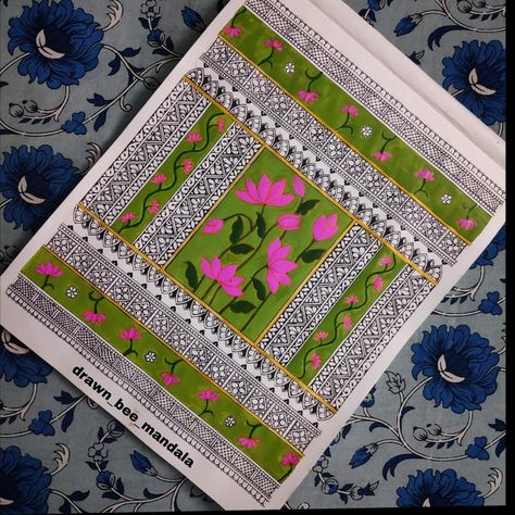 Fusion mandala art. Madhubani + mandala Check link in bio Traditional Mandala Art, Boho Mandala Art, Painting Ideas Madhubani, Box Design Drawing, Madhubani Borders Design, Mandala Drawing Colourful, Madhubani Mandala, Mandala Art Beautiful, Madhubani Border