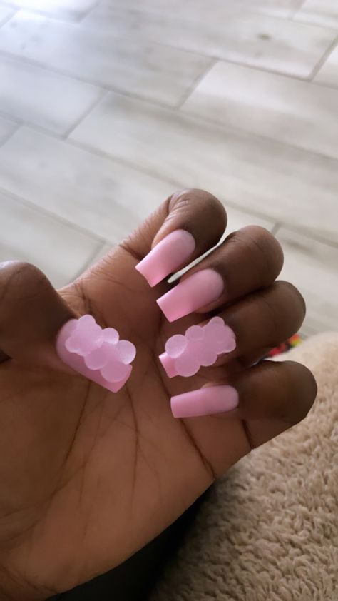 Gummy Nail, Gummy Bear Nails Short, Pink Gummy Bear Acrylic Nails, Acrylic Nails With Gummy Bears, Short Gummy Bear Nails, Pink Gummy Bear Nails, Pink Bear Nails, Nails With Gummy Bears, Gummy Bear Nails Acrylic