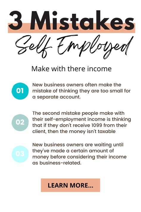 What self-employed people need to know about taxes!I ME Bookkeeping If you’re unsure of the type and amount that should be tracked for your taxes, don’t worry! There are many new business owners who feel similarly. Learn more about 3 Mistakes Business Owners make with Self-Employment Income. #self employed #bookkeeping #small business #taxes Taxes For Self Employed, Small Business Accounting Tips, Budgeting Finances Self Employed, Business Taxes Self Employment, Self Employment Taxes, Self Employment Tax Deductions, Self Employed Taxes, Small Business Taxes For Dummies, Small Business Bookkeeping Templates