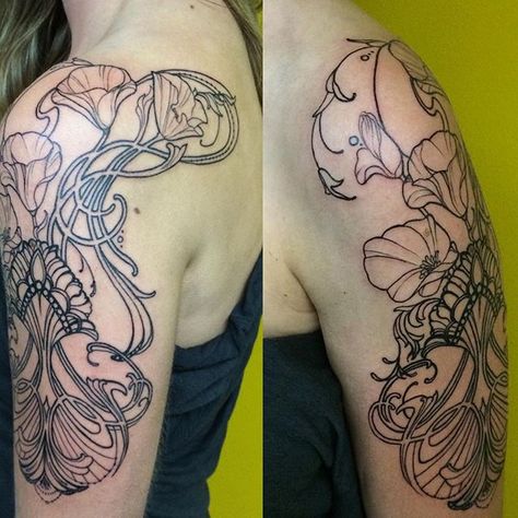 Art nouveau sleeve/outline by @bbjunetattoos #artnouveautattoo #ashevilletattoo #bbjunetattoo #ladytattooers #thistleandpearltattoo Fireweed Tattoo, Art Nouveau Floral Tattoo, Sleeve Outline, Art Nouveau Tattoo Design, Botanisches Tattoo, Tattoos Floral, Liberty Tattoo, Art Deco Tattoo, Art Nouveau Tattoo