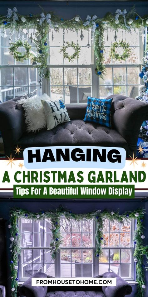 Hanging a Christmas garland (tips for a beautiful window display) Christmas Window Seat Decorations, Christmas Window Garland, Christmas Garland Window, Window Display Christmas, Christmas Pictures With Lights, Diy Christmas Window, Window Garland, Window Charm, Window Christmas