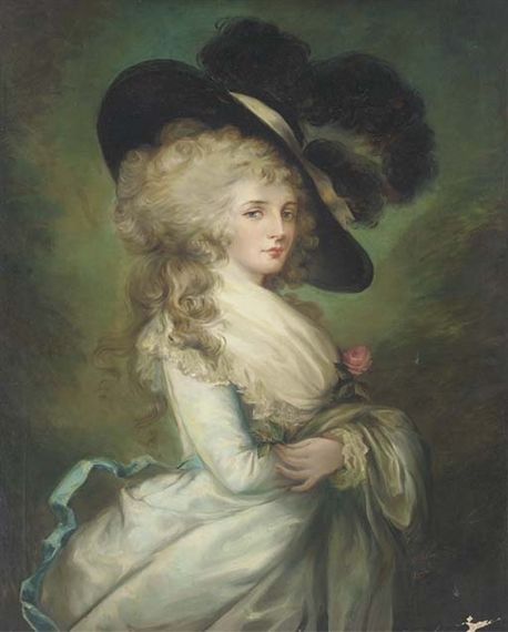 Gainsborough Thomas | Portrait of Georgiana, Duchess of Devonshire (1757-1806), three-quarter-length, in a pale blue dress and black hat | MutualArt Georgiana Duchess Of Devonshire, Duchess Of Devonshire, Pale Blue Dress, Pale Blue Dresses, 18th Century Portraits, Thomas Gainsborough, Rococo Art, 18th Century Paintings, 18th Century Costume