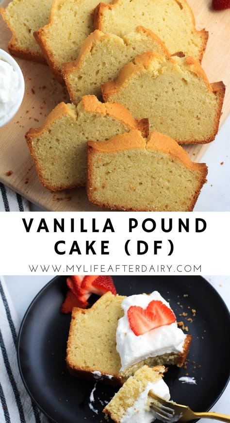 Rich, dense, and flavored with a hint of vanilla, this homemade dairy-free vanilla pound cakeis a must make dessert. This simple loaf-pan cake easily dresses up or down for any occasion. Serve plain with a warm cup of coffee or topped with dairy-free whipped cream and strawberries. Gf Pound Cake Recipe, Dairy Free Pound Cake Recipe, Dairy Free Loaf Cake, Milk Free Cake Recipe, Dairy Free White Cake, Dairy Free Bundt Cake, Dairy Free Desserts Easy, Dairy Free Pound Cake, Non Dairy Cake