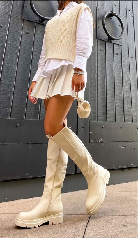 Cream Calf Boots Outfit, Cream Color Boots, Long Cream Boots Outfit, Beige High Boots Outfit, Tall Lug Sole Boots Outfit, Cream Over The Knee Boots Outfit, White Mid Calf Boots Outfit, Beige Long Boots Outfit, Tall Lug Boots Outfit