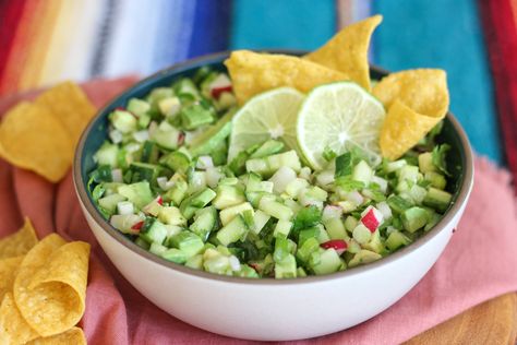 Radish & Cucumber Salsa Cucumber Avocado Salsa, Fry Nachos, Sweet Potato Fry, Radish Cucumber, Olive Oil Cake Recipe, Potato Fry, Fresh Salsa Recipe, Avocado Salsa Recipe, Chipotle Crema