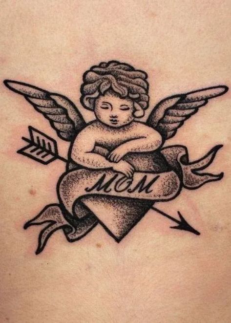 The angel wings and halo tattoo serves as a poignant reminder that your mom, though no longer present, continues to watch over you as your guardian angel. Opt for an all-black or black and red design to carry this deeply personal symbol with you.  Source: Pinterest (@Beretta Tattoo)   #MomMemoryTattoos #InMemoryOfMomInk #TributeTattoosForMom #GuysMemorialTattoos #MeaningfulMomTattoos #CoolTattoosForGuys #MotherTributeInk #MemorialInkIdeas #InMemoryTattoos #HonoringMomTattoos Angel Wings And Halo Tattoo, Wings And Halo Tattoo, Mom Tattoos For Guys, Angel Wings And Halo, Tattoos For Mom, In Memory Of Mom, Halo Tattoo, Mom Heart Tattoo, Gothic Tattoos