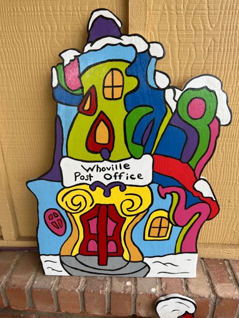 Whoville Post Office Diy, Who Houses Grinch, Whoville Houses Drawing, Whoville Christmas Village Diy, Mt Crumpit Grinch Diy, Whoville Village Diy, Who Ville Decorations Christmas Ideas Diy, Whoville Christmas Decorations Diy Dollar Stores, Whoville Christmas Decorations Diy Decorating Ideas