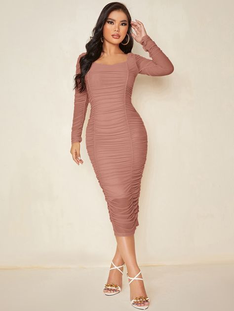 Dusty Pink Elegant  Long Sleeve Mesh Plain Bodycon Embellished Medium Stretch Spring/Summer Women Dresses Long Sleeve Bodycon Dress Parties, Pink Ruched Bodycon Dress, Bodycon Dress Outfit Party Night, Long Bodycon Dress Outfit Birthday, Ruched Bodycon Dress Outfit, Elegant Bodycon Dress Classy, Long Sleeve Bodycon Dress Outfit, Ruched Bodycon Dress Long Sleeve, Baptism Outfit Women