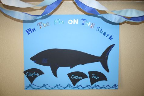 Clayton's 3rd Jawsome party!  Pin the fin on the shark game Pin The Fin On The Shark, Shark Birthday Party Games, Shark Party Games, Shark Birthday Activities, Shark Themed Birthday Party Games, Games Like Sharks And Minnows, Shark Games, Shark Activities, School Holiday Party