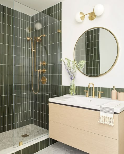 Banner Day Interiors: Brooklyn Bathroom | Fireclay Tile Drømme Bad, Fireclay Tile, Steam Showers Bathroom, Green Tile, Green Bathroom, Backyard Makeover, Bathroom Renos, Bathroom Inspo, Round Mirror