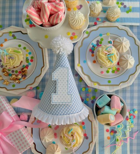 Party hats are such a special part of your every celebration! Our hats have numbers that Velcro on so that your little one can celebrate with the same hat year after year. #birthday #birthdayhat #firstbirthday #partyhat Blue Gingham Birthday Party, Bow Theme, Hat Cake, Blue And White Gingham, Birthday Hat, Boy Birthday Party, White Bow, White Boys, Party Hats