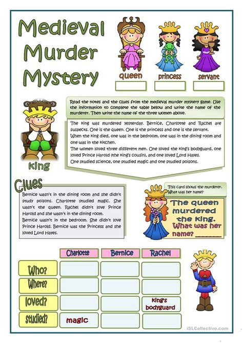 MEDIEVAL MURDER MYSTERY - English ESL Worksheets for distance learning and physical classrooms Worksheets For Middle School, Past Simple Tense, Middle Ages History, Esl Reading, Past Simple, Mystery Games, Icebreakers, Homeschool History, English Activities