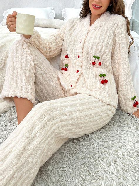 Ensemble pyjama femme à manches longues et pantalon long avec décor de cerise Nude Jeune-Décontracté    Fruits & légumes Coupe droite Pas de l'extensibilité Automne/Hiver Women Sleep & Lounge, size features are:Bust: ,Length: ,Sleeve Length: