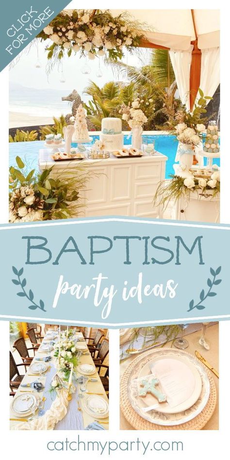 Don't miss this gorgeous classic baptism! The table settings are beautiful! See more party ideas and share yours at CatchMyParty.com Baptismal Table Set Up, Baptism Food Ideas Lunches, Baptism Dinner Ideas, Backyard Baptism Party, Baptism Luncheon Ideas, Baptism Party Theme, Baptism Food, Baptism Reception, Adult Baptism