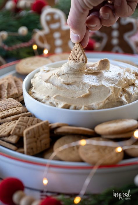 hand dipping a graham cracker into fluffy gingerbread dip. Gingerbread Dip Recipe, Gingerbread Dip, Gingerbread Cookie Dip, Homemade Whipped Cream Recipe, Easy Gingerbread, Dessert Dip, Inspired By Charm, Christmas Recipes Appetizers, Party Appetizers Easy