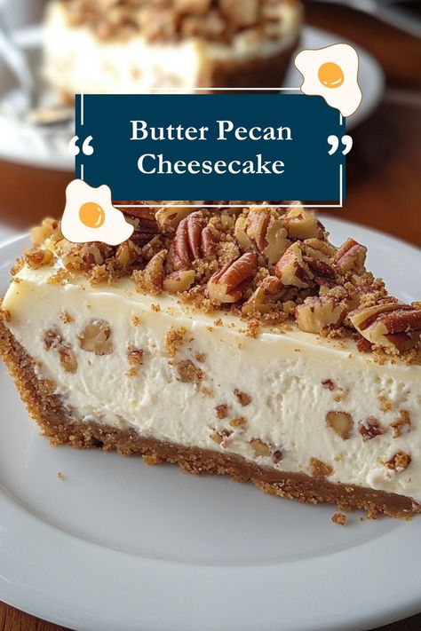 Experience the perfect balance of sweet and salty with this butter pecan cheesecake! Each bite offers a delightful crunch and creamy goodness, making it an irresistible dessert for special occasions or everyday indulgence. Butter Pecan Cheesecake Recipe, Pecan Cheesecake Recipes, Butter Pecan Cheesecake, Butter Pecan Pie, Pecan Pie Cheesecake Recipe, Freshman In College, Pecan Pie Cheesecake, Pecan Cheesecake, Bake Something