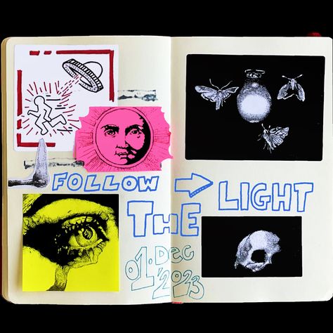 #sketchbook #sketchbookdrawing #sketchbookspread #art #artwork #artist #drawing #mixedmedia #stippling #stipple #pointillism #dotwork #keithharing #skull #sun #moth #eyes Moth Eyes, Follow The Light, Artist Drawing, Keith Haring, Stippling, Sketchbook Drawing, Art Artwork, The Light, Moth