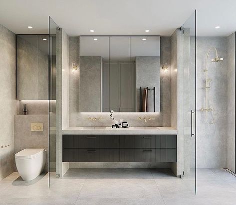 His and Her Double Basin Vanity with light grey colour scheme 📸 @mialakeinteriors @manticoreprojects | Instagram Recess Lights, Grey Colour Scheme, Industrial Farmhouse Living Room, Industrial Decor Living Room, Double Shower, Kitchen Decor Apartment, Bedrooms Ideas, Bathroom Goals, Double Basin