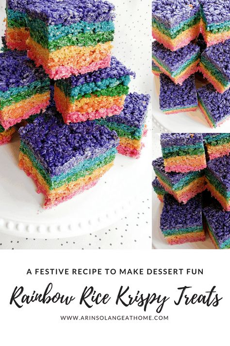 Whats more festive for spring, St. Patrick’s Day, or basically celebrating life than Rainbow themed recipes.  Kids love color, so I love spicing up normal recipes in fun ways to blow my kids away!  The kids saw this recipe and basically thought I was super mom.  Read below for my Rainbow Rice Krispy Treat recipe.  Its easy, and your kids will be so excited to have such a special snack this weekend! Rainbow Rice Krispy Treat Recipe This will make a 13×9 pan of treats Ingredients: 2 big bags of Rice Krispy Treat Recipe, Birthday Look, Rainbow Rice, Krispie Treats Recipe, St. Patrick’s Day, Rice Recipes For Dinner, Krispy Treats, Rice Krispy, Rainbow Food