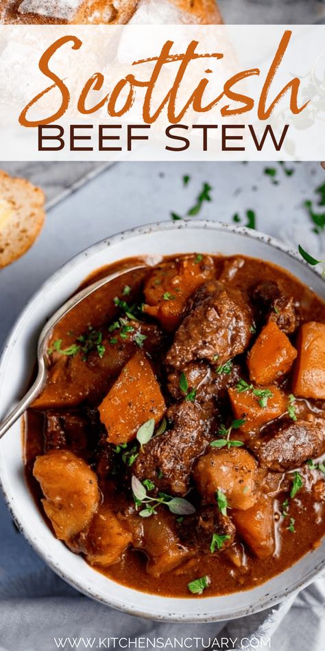 Scottish Beef Stew - cooked in the oven or crockpot. Perfect for Burns night! #BurnsNight #Scottish #SlowCooked #BeefStew #crockpot #recipe Scottish Beef Stew, Slow Cook Beef Stew, Beef Stew Crockpot, Scottish Recipes, Burns Night, Slow Cooker Beef Stew, Beef Casserole Recipes, Crockpot Recipes Beef, Beef Stew Recipe