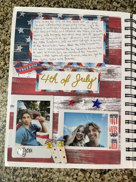 July Scrapbook Page, Couples Anniversary Scrapbook, 4th Of July Scrapbook Pages, Partner Scrapbook, Relationship Scrapbook Page Ideas, One Year Scrapbook Ideas Boyfriend Pages, Fall Scrapbook Ideas, 1 Year Scrapbook Boyfriend Page Ideas, Diy Scrapbook For Boyfriend