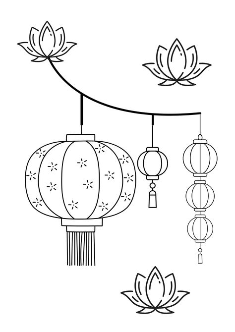 Chinese New Year Colouring Pages Kids, Chinese Painting Easy, Lunar New Year Coloring Page, Lunar New Year Drawing, Japan Art Drawing, Lantern Doodle, China Doodle, Chinese New Year Colouring, Chinese Coloring Pages