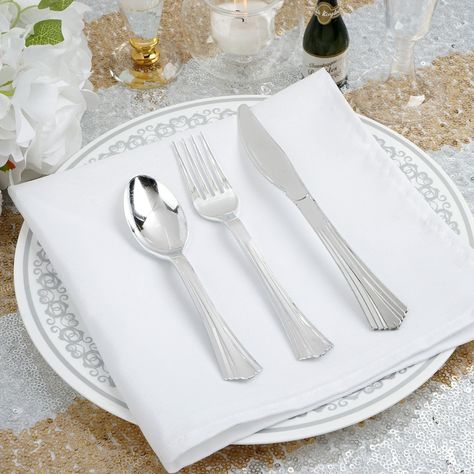 https://www.efavormart.com/products/24-pack-silver-chambury-heavy-duty-plastic-silverware-set-cutlery-set-7-6?variant=31767642767406 Plastic Kitchenware, Silverware Holder, Disposable Cutlery, Thanksgiving 2020, Plastic Silverware, Gatsby Theme, Plastic Utensils, Plastic Forks, Plastic Cutlery