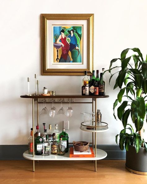 Bar Corner In Living Room, Cocktail Corner Home, Bar Cart Corner, Home Cocktail Lounge, Bar Cart Living Room, Unique Bar Cart, Nola House, West Elm Living Room, Cocktail Corner