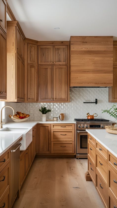 Brown Backsplash Kitchen White Cabinets, Honey Brown Kitchen Cabinets, Flooring With Birch Cabinets, Kitchen Flooring Wood Cabinets, Kitchen Flooring With Wood Cabinets, Countertop Colors For Oak Cabinets, Kitchen Counter And Backsplash Ideas Oak Cabinets, Two Tone Kitchen Cabinets Small Space, Styling Honey Oak Cabinets