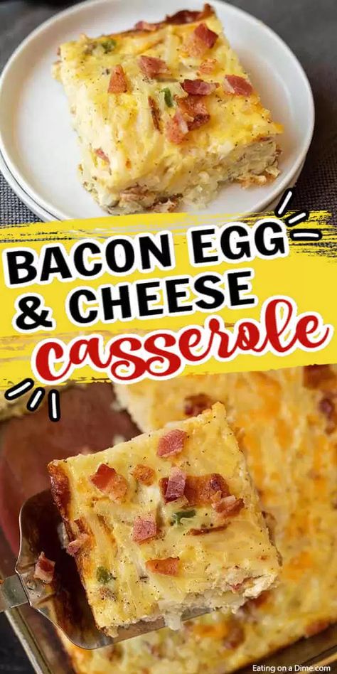 I'm always looking for easy breakfast ideas and this bacon egg and cheese casserole is just that! This simple casserole is tasty and frugal. Breakfast Ideas With Eggs And Bacon, Easy Breakfast Casserole With Bacon, Bacon Egg And Cheese Casserole, Egg And Cheese Breakfast Casserole, Egg Casserole Recipes Easy, Breakfast Casserole With Bacon, Bacon Egg Bake, Egg And Cheese Casserole, Hashbrown Breakfast