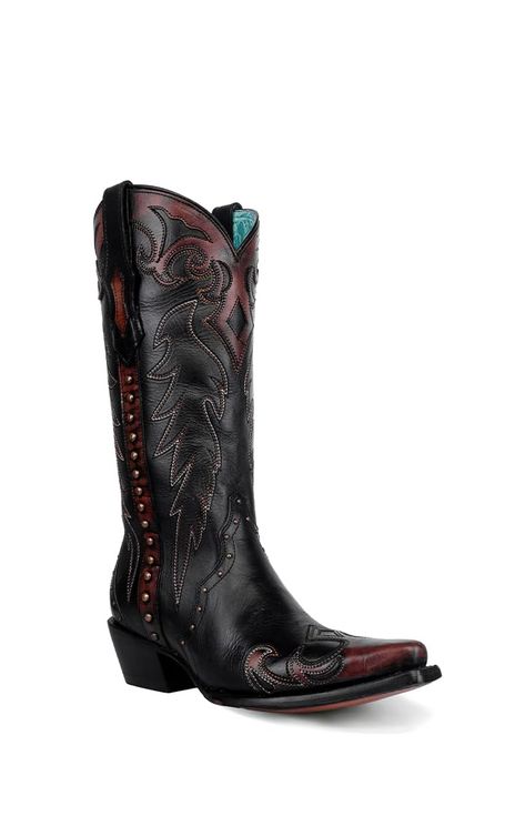 PRICES MAY VARY. SHAFT WIDTH: 12" SHAFT HEIGH: 13" CONSTRUCTION: EMBROIDERY/STUDS Womens Corral Boots: Ladies Corral Western Cowboy Boots. Stand out, Cowgirl! The women’s 13” Triad western boots from Corral have embroidery, studs, side zipper, cowboy heel, snip toe, 2” heel, leather outsole and Goodyear welt. F1352 Women’s Cowboy Boots, Black Cowgirl Boots, Black Cowboy Boots, Corral Boots, Western Boot, Western Cowboy Boots, Goodyear Welt, Cowgirl Boots, Western Cowboy