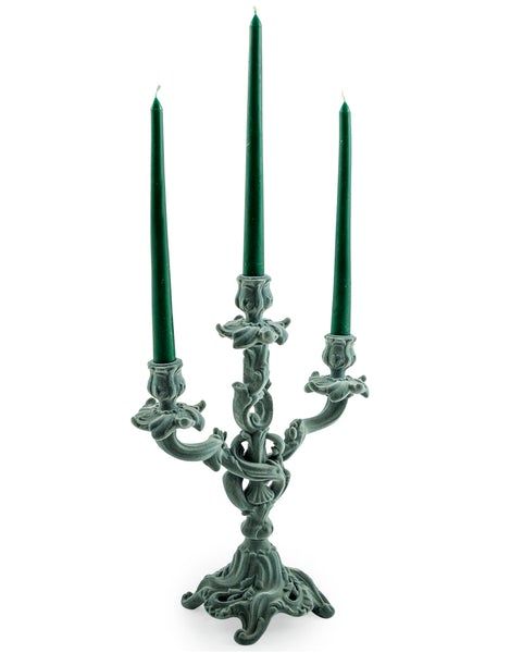 This tall, ornate Candelabra has a gorgeous French Blue / Grey flocked finish. It is a fabulous sculpture with a unique design and striking presence!  Made from stone powder and resin for a natural stone like feel, this statuette with flocking texture is a lovely table top touch. Size: H35.2 x 29.5 x 13cm Colored Taper Candles, Light Grey Blue, Bold Decor, Candle Dinner, Grand Staircase, Led Candles, Garden Ornaments, Beautiful Lights, Grey Blue