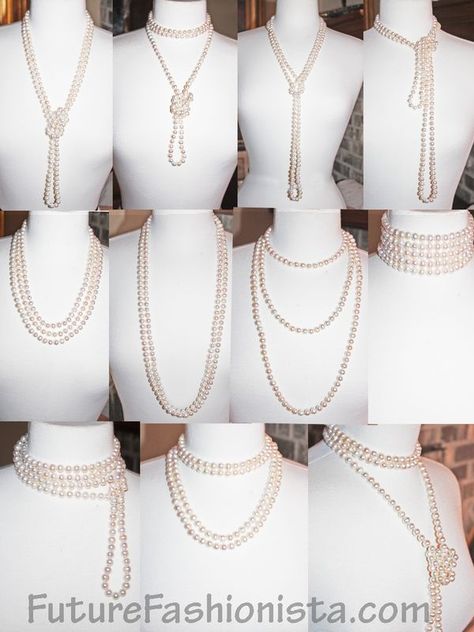 So many pearls... so little time! Wear them Layered, twisted, knotted, tied, wrapped and pinned. Ideas for your 72" strand: http://futurefashionista.com/wh8mmfrpe72s.html Look Gatsby, How To Wear Pearls, Pearl Rope, Bijoux Art Deco, Flapper Costume, Necklace Outfit, Wear Pearls, Long Pearl Necklaces, 20s Fashion