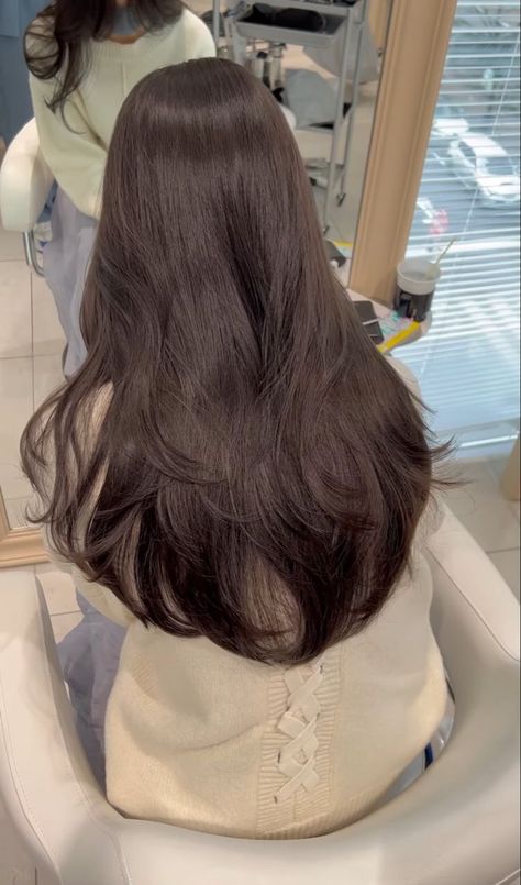 Long Layered Haircut Ideas, Long Hair Layers Asian, Korean Dark Brown Hair, Asian Dark Brown Hair, Dark Brown Hair Asian, Chocolate Brown Hair Asian, Asian Long Hair Cuts With Layers, Long Korean Hair, Korean Hair Cuts