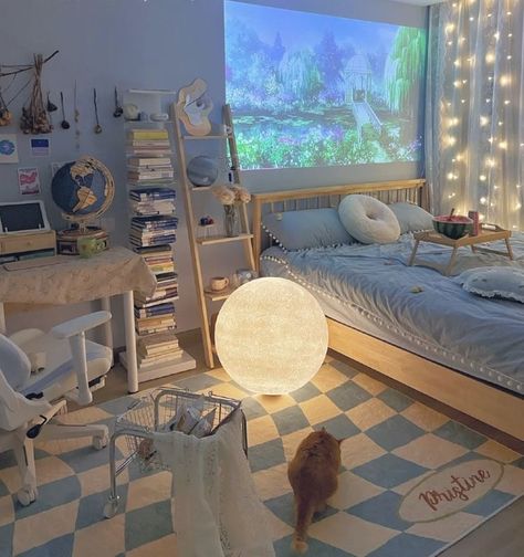 Bed And Desk Aesthetic, Kawaii Bedroom Aesthetic Blue, Kawaii Living Room Ideas, Anime Aesthetic Bedroom, Aesthetic Room Blue, Bedroom With Loft Bed, Aesthetic Anime Room Decor, Room Inspo Anime, Vibey Bedroom Aesthetic