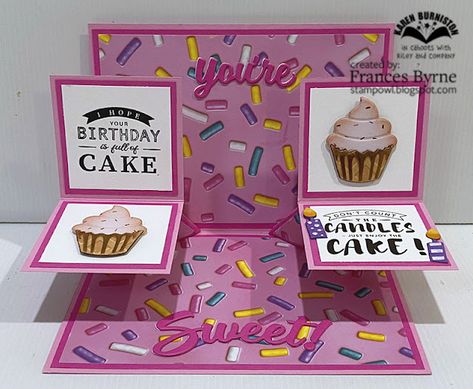 Karen Burniston Cards Pop Up, Karen Burniston Cards, Cascade Cards, Raised Platform, Cupcake Candle, Fancy Fold Card Tutorials, Card Inspo, Blog Banner, 1st Birthday Cards