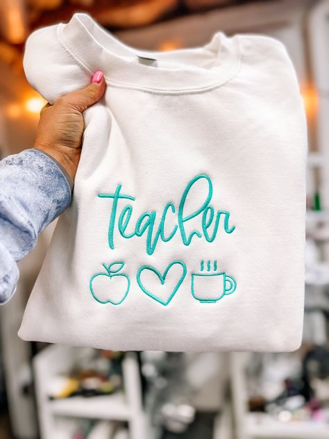 Great option for and end of the year teacher gift!!  Please pick your shirt style and color option as well as thread color when checking out Teacher Shirt Cricut, Teacher Icon, Teacher Gifts End Of Year, Tshirt Embroidery, Teacher Attire, Teaching Shirts, Looks Country, Applique Monogram, Diy Teacher Gifts