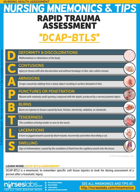 Rapid Trauma Assessment mnemonic Nursing - Don't forget "TIC" - Tenderness, Instability, Crepitus Emt Notes, Emt Student, Health Assessment Nursing, Emt Training, Emt Basic, Emt School, Patient Assessment, Er Nursing, Emt Study