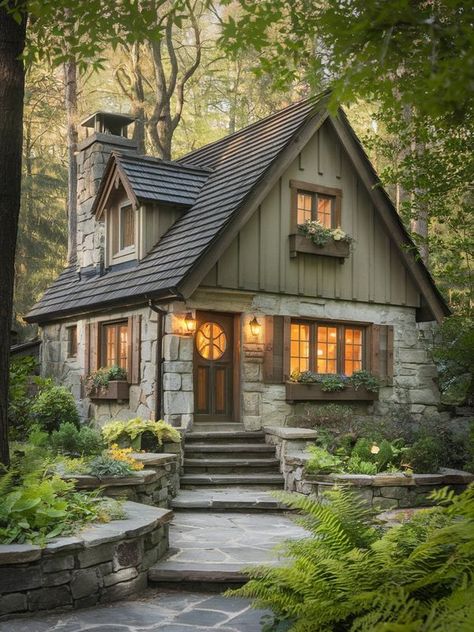 Story Book Cottage House, Storybook Stone Cottage, Cozy Cottage Exterior Fairy Tales, Fairytale Stone Cottage, Storybook Ranch, Seaside Homes, Building Reference, Cabin Rustic, Cozy Cottages