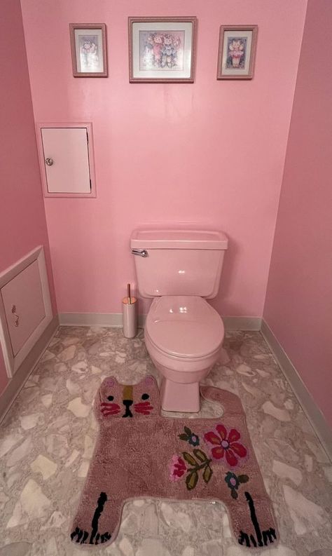 Maximalist Design and Decor | Here is our pink and cat lady bathroom | Facebook Shower Bathroom Ideas, Pink Maximalist, Maximalist Bathroom, Personal Bathroom, Dream Home Aesthetic, Ladies Bathroom, Pink Tub, Cat Bathroom, Pink Toilet