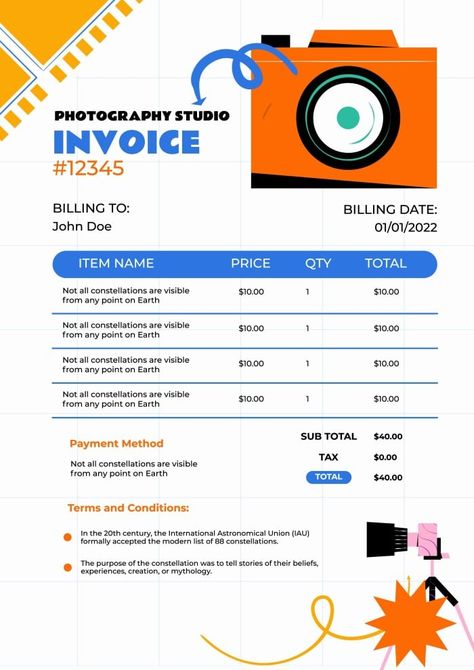 Hand-drawn Photography Studio Invoice Invoice Design, Pre Wedding Shoot Ideas, Invoice Template, Used Tools, Photography Studio, Business Branding, Wedding Shoot, Free Graphic Design, Studio Photography