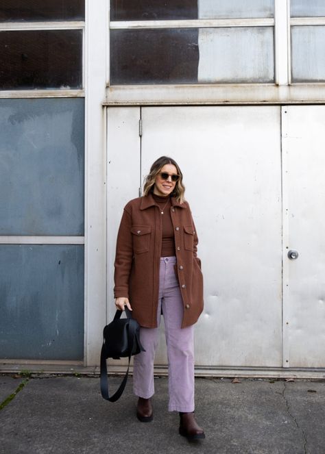 Lavender Street Style, Lilac Corduroy Pants Outfit, Lilac Brown Outfit, Lavender Jeans Outfit Color Combos, Lavender Pants Outfit Winter, Lilac Wide Leg Pants Outfit, Purple Corduroy Jacket Outfit, Outfit With Purple Pants, Lilac And Brown Outfit