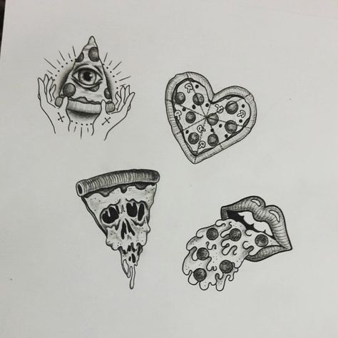 64 Likes, 3 Comments - @notthatgirlwiththedragontattoo on Instagram: “A few small black and grey pizza tattoos I have #upforgrabs hit me up for appointments.…” Pizza Tattoo, Tattoo Black And White, Full Tattoo, Food Tattoos, Nyc Tattoo, Ancient Tattoo, Mushroom Tattoos, Flash Tattoo Designs, Old School Tattoo Designs