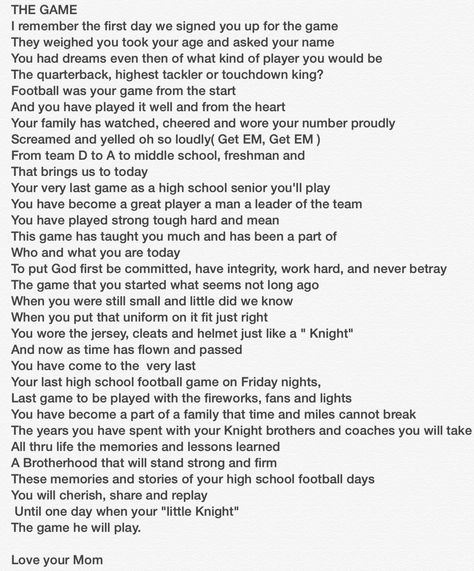 Football poem for my son Senior year Senior Football Ad Quotes From Parents, Senior Year Quotes Inspirational From Mom, Last High School Football Game Quotes, Senior Year Sports Quotes, Senior Year Football Quotes, Senior Letters To Teammates, A Letter To My Son On His Last Football Game, Senior Night Letters From Teammates, Senior Speech Ideas Sports