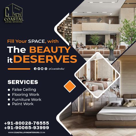 We believe that great design is a combination of aesthetics, functionality, and sustainability. That's why we use high-quality materials and eco-friendly practices to create spaces that are not only beautiful but also environmentally responsible. Get More Information Call Us:- +918002876555 +919006593999 Our Website Link www.coastallivinginteriors.co.in #interiordesigner #furniture #decoration #interiordecor #interiorstyling #luxury #designerwear Interior Decor Flyer Design, Banner Furniture Design, Interior Design Creative Post, Banner Interior Design, Construction Poster, Hotel Marketing Design, Interior Designer Business Card, Bunting Design, Interior Design Template